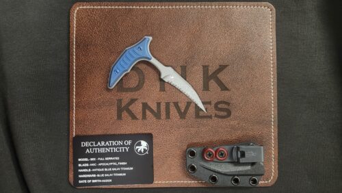 Microtech 218-12APMS3 Bastinelli Bee Marfione Select Fixed Blade, Apocalyptic Full Serrated M390MK Hawkbill Blade & Antique Blue Titanium Handle