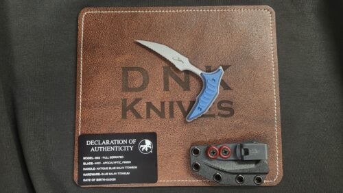 Microtech 218-12APMS3 Bastinelli Bee Marfione Select Fixed Blade, Apocalyptic Full Serrated M390MK Hawkbill Blade & Antique Blue Titanium Handle