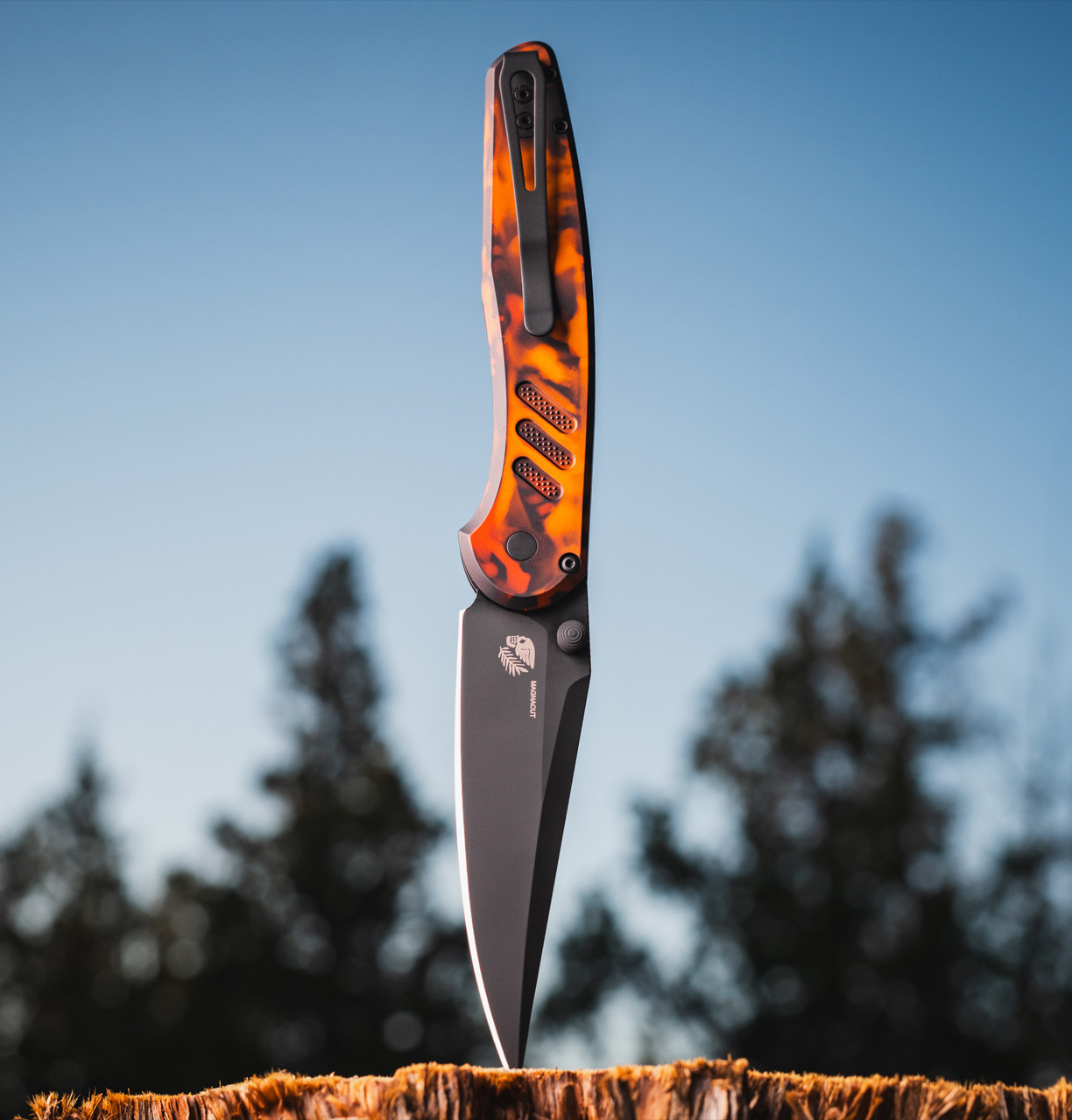 Pro-Tech PN1104-DF Avalon Del Fuego Manual Folding Knife, Black MagnaCut Drop Point Blade & Del Fuego Aluminum Handle Pro-Tech PN1104-DF Avalon Del Fuego Manual Folding Knife, Black MagnaCut Drop Point Blade & Del Fuego Aluminum Handle - Image 2