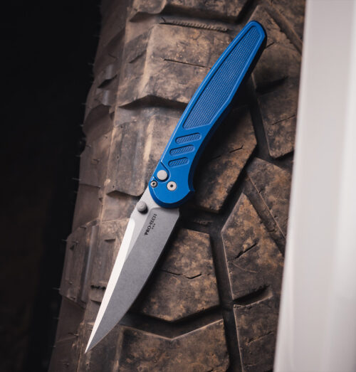 Pro-Tech PN1101-BWBL Avalon Manual Folding Knife, Battleworn MagnaCut Drop Point Blade & Battleworn Blue Aluminum Handle