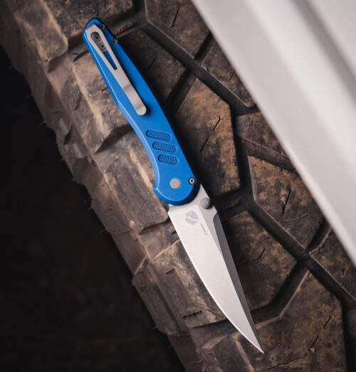 Pro-Tech PN1101-BWBL Avalon Manual Folding Knife, Battleworn MagnaCut Drop Point Blade & Battleworn Blue Aluminum Handle
