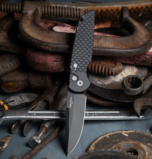 Pro-Tech TR-3 X1 Military Automatic Knife, Stonewashed MagnaCut Drop Point Blade & Black Fish Scale Aluminum Handle