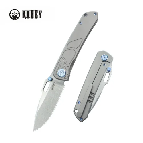 Kubey KB259A Frame Lock Folding Knife, Belt Satin M390 Drop Point Blade & Gray Titanium Handle