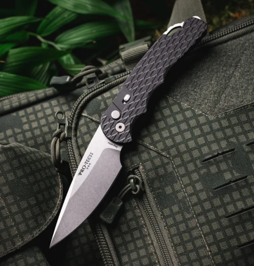 Pro-Tech TR-4 T4105 Feather MagnaMax Automatic Knife, Stonewashed MagnaMax Blade & Black Feather-Textured Aluminum Handle