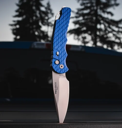Pro-Tech TR-4 T4105 Feather MagnaMax Automatic Knife, Stonewashed MagnaMax Blade & Blue Feather-Textured Aluminum Handle