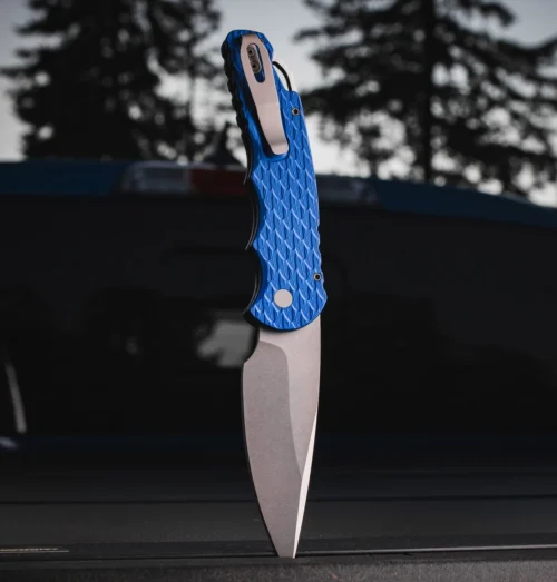 Pro-Tech TR-4 T4105 Feather MagnaMax Automatic Knife, Stonewashed MagnaMax Blade & Blue Feather-Textured Aluminum Handle