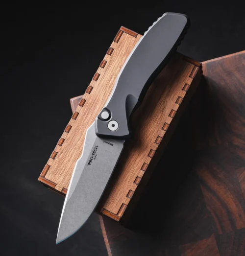 Pro-Tech Pallas Spartan Blades SB1101 Automatic Knife, Stonewashed MagnaCut Clip Point Blade & Black Aluminum Handle