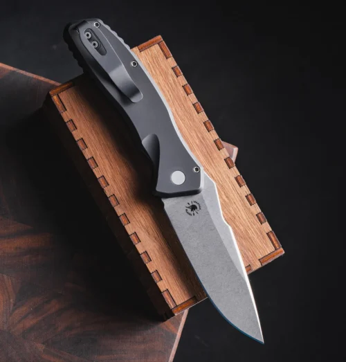 Pro-Tech Pallas Spartan Blades SB1101 Automatic Knife, Stonewashed MagnaCut Clip Point Blade & Black Aluminum Handle