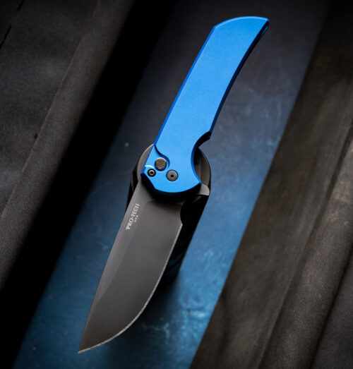 Pro-Tech Mordax MX103-LTD Blue Button Lock Folding Knife, DLC Black MagnaCut Blade & Solid Blue Aluminum Handle