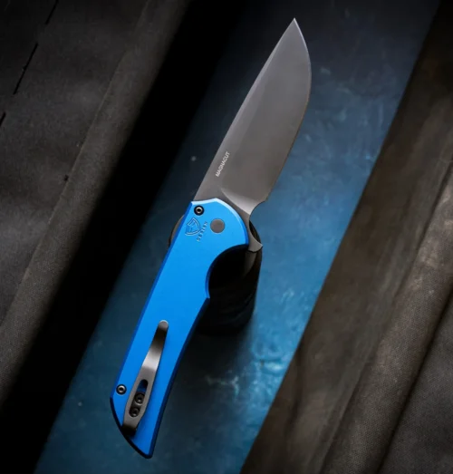 Pro-Tech Mordax MX103-LTD Blue Button Lock Folding Knife, DLC Black MagnaCut Blade & Solid Blue Aluminum Handle