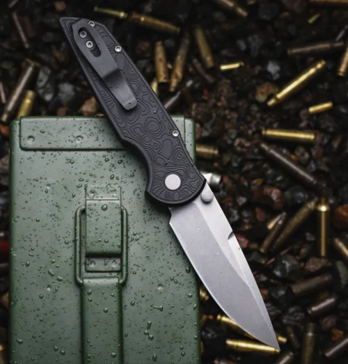 Pro-Tech TR-3 Integrity INT1105-TOPO Manual Folding Knife, Stonewashed MagnaCut Blade & Black Topographic-Textured Handle