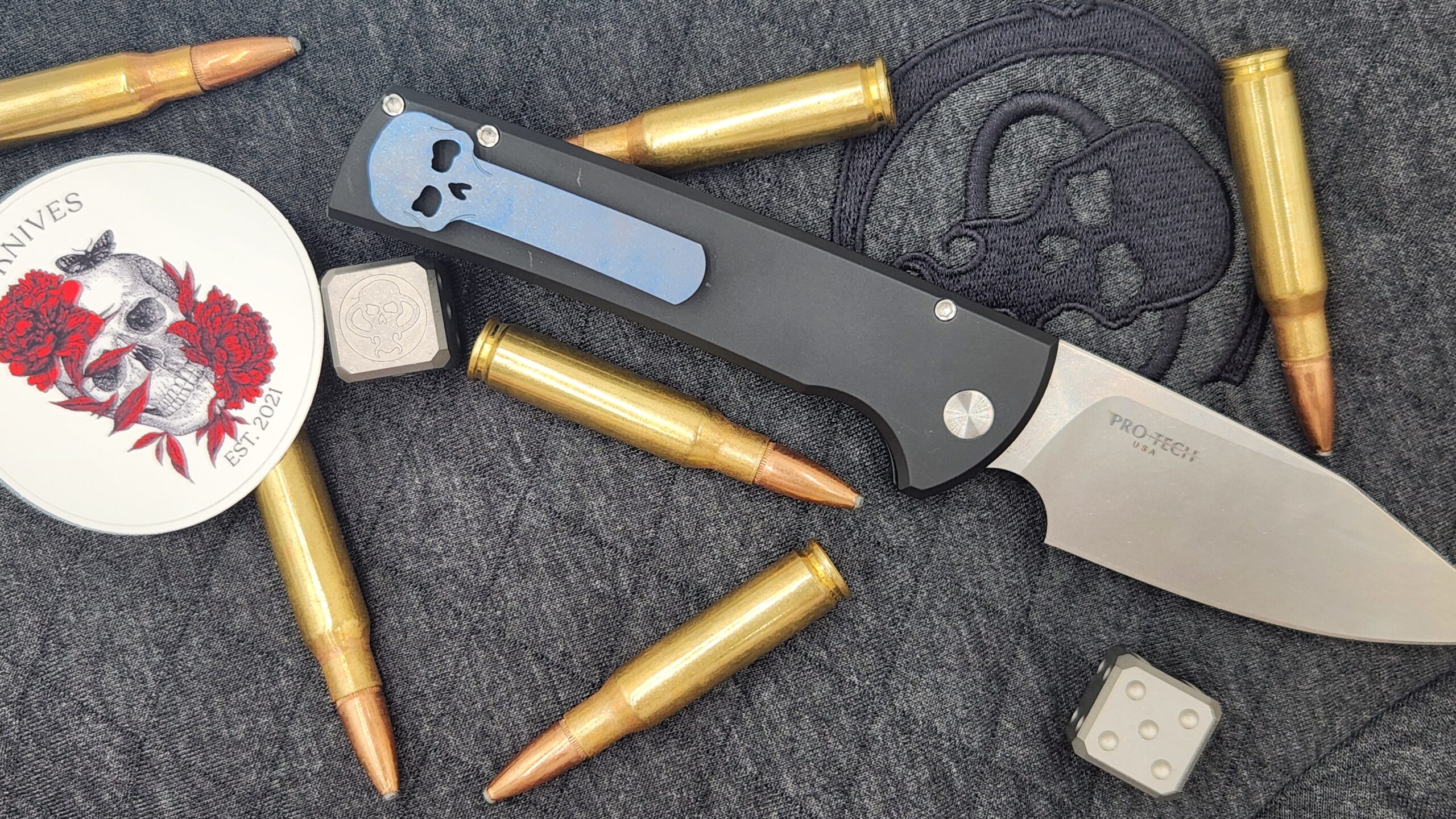 Pro-Tech × Chaves Scapegoat Full-Size Automatic Knife – Blade Show West 2026 Limited Edition, Stonewashed MagnaCut, Black Aluminum & Blue Titanium Skull Clip Pro-Tech × Chaves Scapegoat Full-Size Automatic Knife – Blade Show West 2026 Limited Edition, Stonewashed MagnaCut, Black Aluminum & Blue Titanium Skull Clip - Image 3