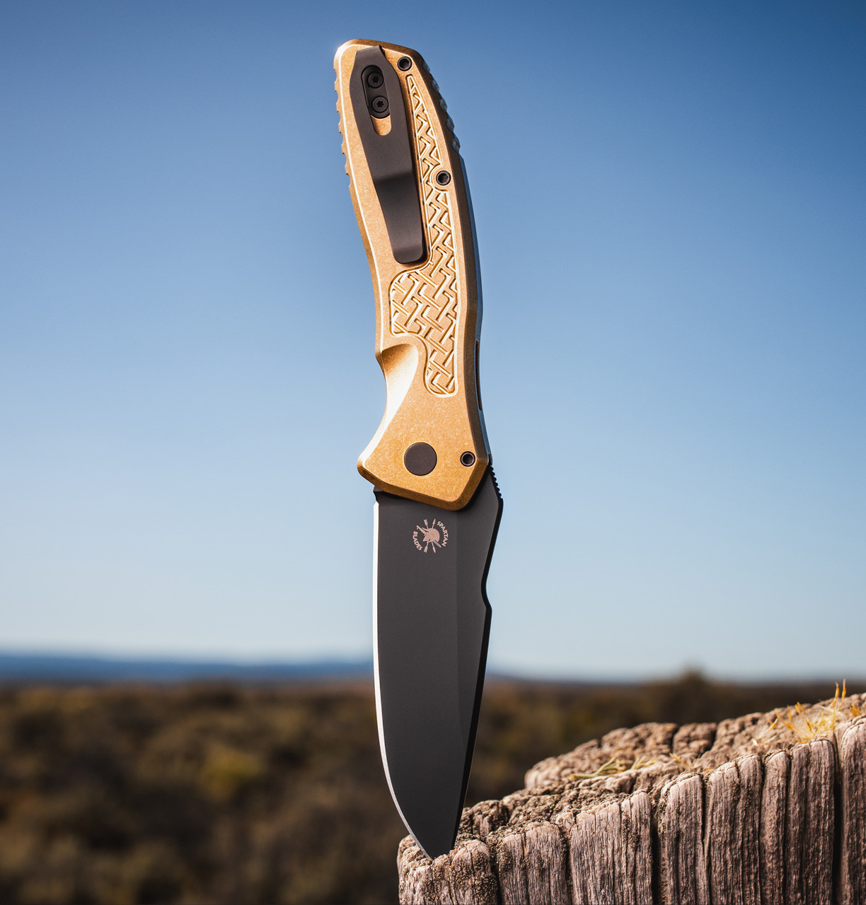 Pro-Tech × Spartan Blades Pallas 2026 Pallas Custom 006 Automatic Knife, DLC Black MagnaCut Clip Point & Gold-Tone Weave-Textured AlBronze Pro-Tech × Spartan Blades Pallas 2026 Pallas Custom 006 Automatic Knife, DLC Black MagnaCut Clip Point & Gold-Tone Weave-Textured AlBronze - Image 2