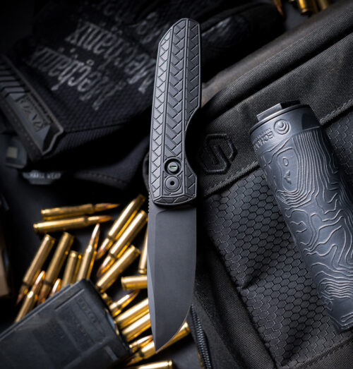 Pro-Tech × Vero Synapse 2 VERO2106 MM OP Operator Automatic Knife, Sterile DLC Black MagnaMax Spear Point & Black Herringbone-Textured Aluminum