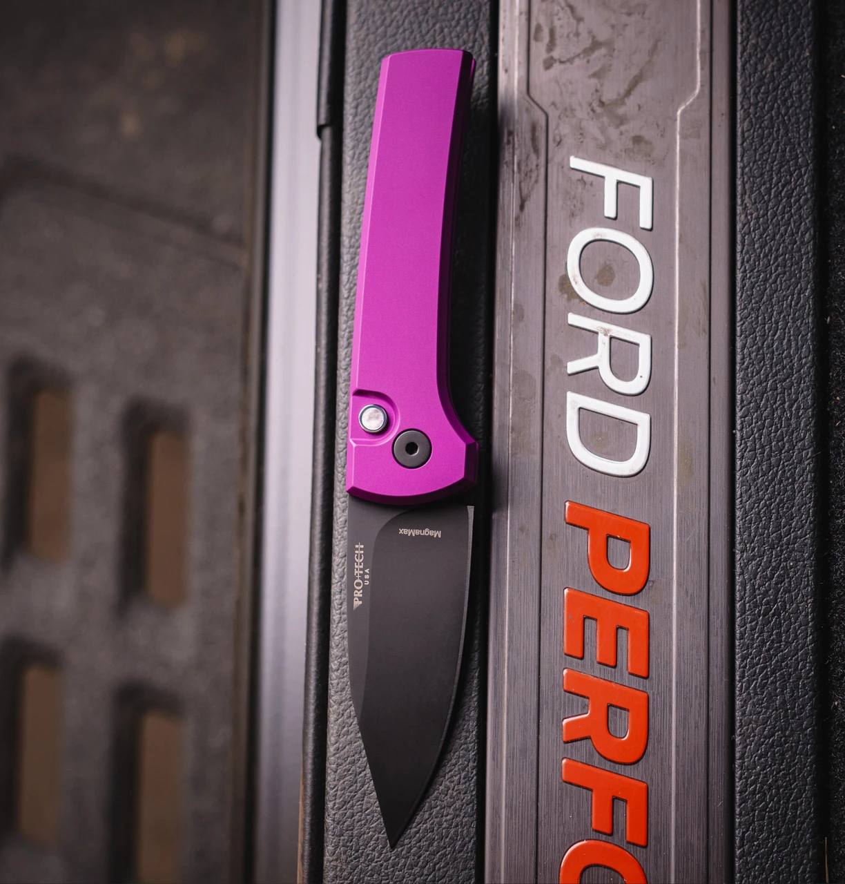 Pro-Tech × Chaves Scapegoat Compact BSW26.Scapegoat.1 Automatic Knife, DLC Black MagnaMax Clip Point & Solid Purple Aluminum — Blade Show West 2026 Pro-Tech × Chaves Scapegoat Compact BSW26.Scapegoat.1 Automatic Knife, DLC Black MagnaMax Clip Point & Solid Purple Aluminum — Blade Show West 2026