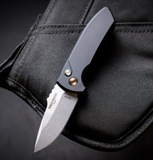 Pro-Tech Les George SBR BSW26.SBR.1 Automatic Knife, Stonewash/Satin S35VN Drop Point & Solid Black Aluminum with Rose Gold Hardware — Blade Show West 2026