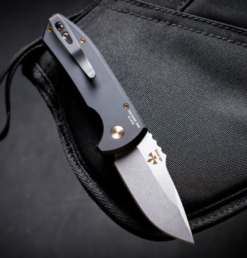 Pro-Tech Les George SBR BSW26.SBR.1 Automatic Knife, Stonewash/Satin S35VN Drop Point & Solid Black Aluminum with Rose Gold Hardware — Blade Show West 2026