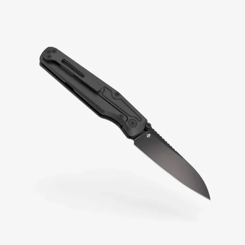Flytanium Concourse FLY-1446 Front Flipper Folding Knife – 3.1″ 14C28N Modified Wharncliffe Blade, Black Coated Titanium Handle