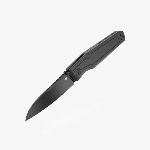 Flytanium Concourse FLY-1446 Front Flipper Folding Knife – 3.1″ 14C28N Modified Wharncliffe Blade, Black Coated Titanium Handle